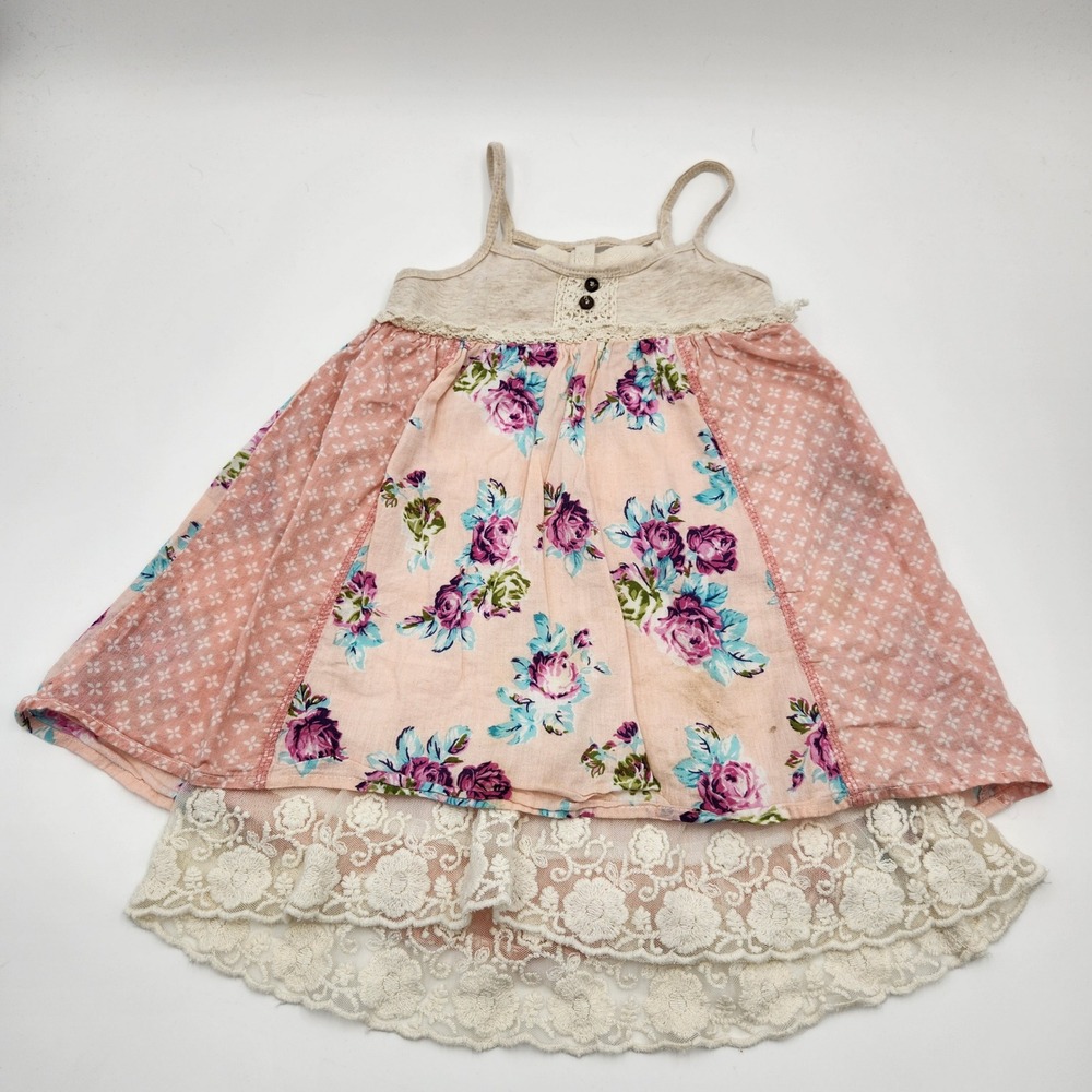 Free Planet Girls 3T Boho Floral Lace Tiered Dress Pink Caged Back Sleeveless